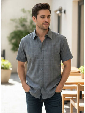Milano Bay gray short sleeve plaid button-up shirt